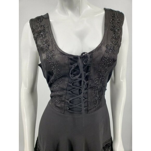 New Mocela Black Corset Dress Size S/M Sleeveless Embroidered Rayon Full Circle - Picture 2 of 5